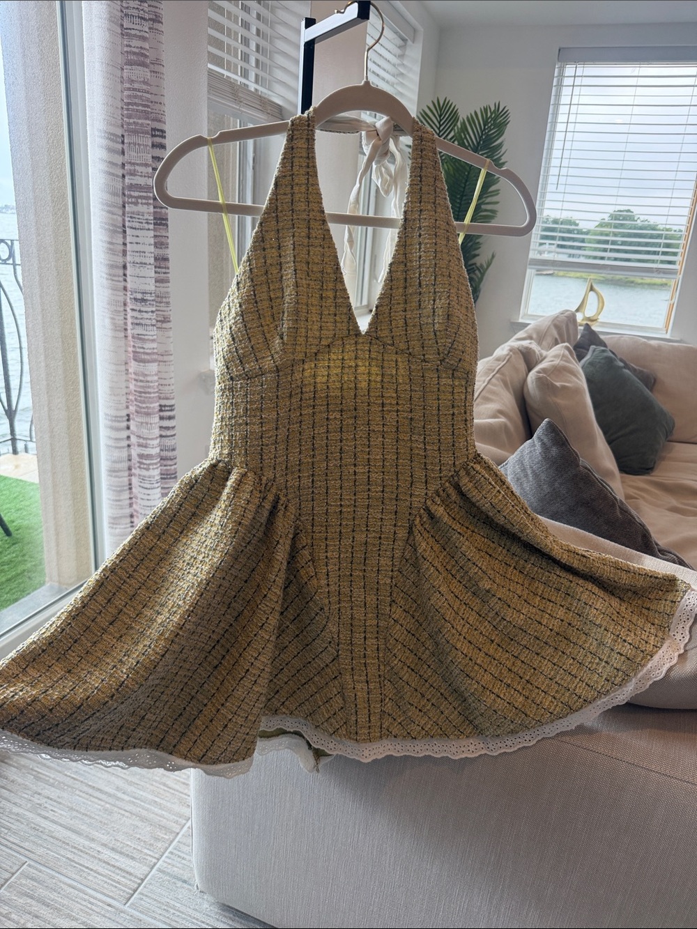 Zara Yellow Textured Halter Fit-and-Flare Dress